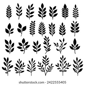 Collection of black silhouettes of different types of leaves on a white background. Leaves come in different shapes and sizes, reflecting the diversity of natural forms.