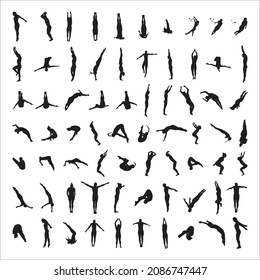 Collection of black silhouettes of diving sport characters isolated on a white background.