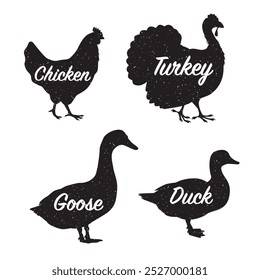 Collection of black silhouettes of domestic farm birds with captions - chicken, turkey, goose, duck. Vector illustration on white background