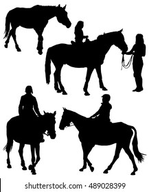 Collection of black silhouettes of equestrians on horses. Horses on a walk, children riding. Horse riding. The woman rider. 