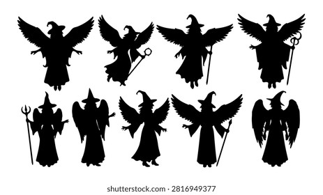 Collection of black silhouettes featuring angels, demons, and symbolic objects, showcasing contrasting mythological and spiritual themes.