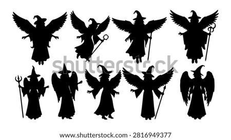 Collection of black silhouettes featuring angels, demons, and symbolic objects, showcasing contrasting mythological and spiritual themes.
