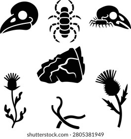 Collection of black silhouettes featuring animal skulls, insects, and thistle plants on a white background