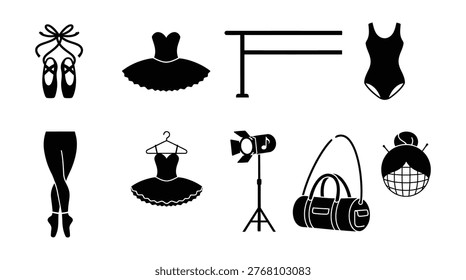 a collection of black silhouettes featuring ballet and dance accessories, including ballet shoes, tutus, leotards, tights, a disco ball, and a stage light, on a white background, useful for dance, ballet, or performance related concepts