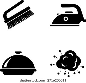A collection of black silhouettes featuring a brush, iron, covered dish, and a cloud with particles, likely representing cleaning, laundry, and food service concepts.