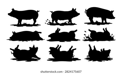 Collection of black silhouettes featuring cats and dogs in various postures and stances, isolated on a white background.