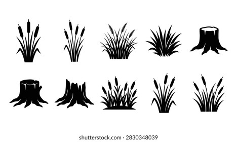 Collection of black silhouettes featuring cattails, various types of grass, and tree stumps isolated on a white background. Vector illustration.