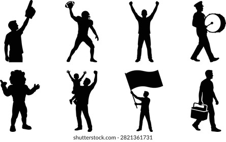 A collection of black silhouettes featuring cheering supporters, a foam finger fan, drummer, mascot, flag bearer, celebrating family, and worker carrying a toolbox. Suitable for sports promotions, community events, festivals, parades, advertising, posters, and educational designs.
