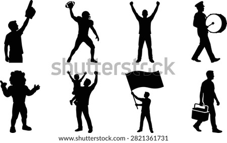 A collection of black silhouettes featuring cheering supporters, a foam finger fan, drummer, mascot, flag bearer, celebrating family, and worker carrying a toolbox. Suitable for sports promotions, community events, festivals, parades, advertising, posters, and educational designs.
