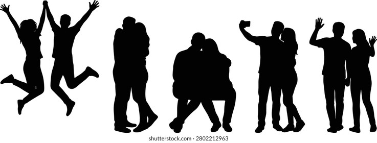 A collection of black silhouettes featuring couples in diverse poses including jumping hugging sitting and taking a selfie. This versatile vector set is ideal for themes of love friendship dating and community.
