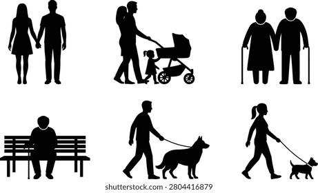 A collection of black silhouettes featuring couples, elderly people, and individuals walking dogs or pushing a baby stroller.