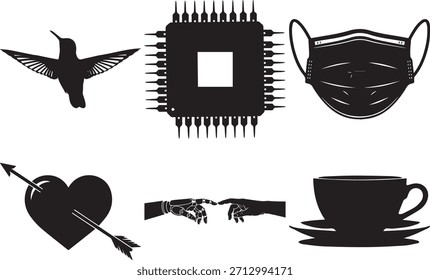Colección de siluetas negras con un delicado colibrí, microchip complejo, máscara facial médica esencial, corazón romántico con una flecha, manos robóticas futuristas y taza de té clásica con un platillo.