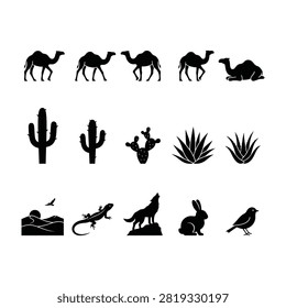 Collection of black silhouettes featuring desert wildlife and flora, including camels, cacti, lizard, birds, and plants, against a white background