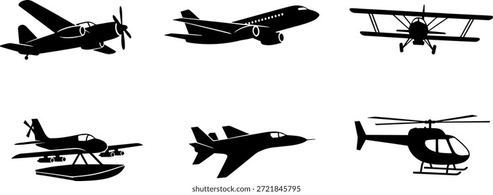 Eine Sammlung schwarzer Silhouetten mit verschiedenen Flugzeugtypen und Hubschraubern im Vektorformat