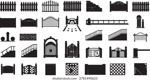 Collection of black silhouettes featuring different styles of fences, gates, railings, stairs, and security barriers, perfect for architectural plans.