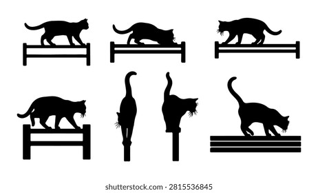 Collection of black silhouettes featuring different cats and a bird perched on various surfaces, showcasing feline and avian postures and behaviors.