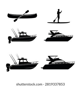 A collection of black silhouettes featuring diverse water vessels such as motorboats, fishing boats, kayaks, and stand up paddle boards for marine and nautical design.