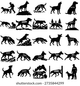 A collection of black silhouettes featuring dogs and people interacting near water, with a prominent dog in the foreground.