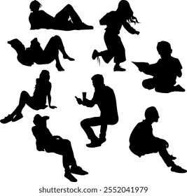 A collection of black silhouettes featuring individuals in different seated and kneeling positions. Includes people reading books, using devices, and sitting casually. 