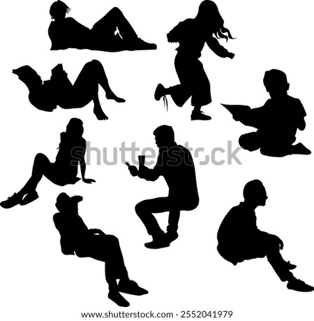 A collection of black silhouettes featuring individuals in different seated and kneeling positions. Includes people reading books, using devices, and sitting casually. 