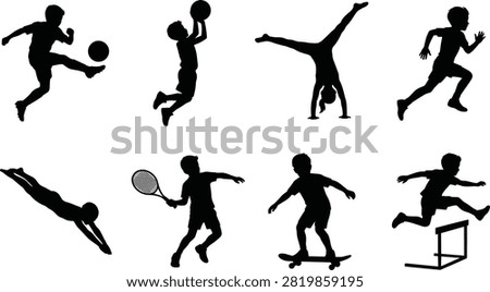A collection of black silhouettes featuring kids engaged in various outdoor sports and active games including soccer, basketball, gymnastics, running, swimming, tennis, skateboarding, and hurdling. Perfect for youth athletics promotions, school sports club advertisements, and healthy lifestyle designs.