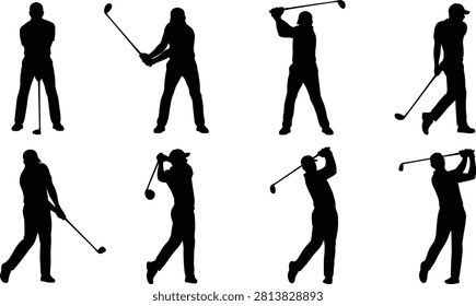A collection of black silhouettes featuring male and female golfers performing putting, driving, swinging, and follow through movements. Suitable for golf tournaments, sports clubs, training materials, advertising, recreation, and athletic design projects.