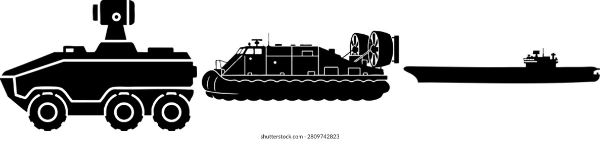 A collection of black silhouettes featuring a modern armored vehicle, a hovercraft, and an aircraft carrier. Ideal for military-themed graphic design, tactical infographics, and technical illustrations.