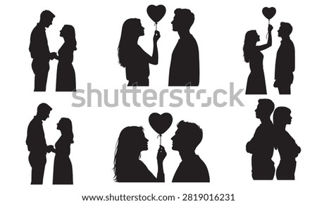 Collection of black silhouettes featuring romantic couples interacting with heart shaped balloons isolated on a white background.