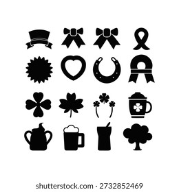 Eine Kollektion schwarzer Silhouetten mit Symbolen zum St. Patrick's Day-Thema, darunter Shamrocks, Herzen und Bier.