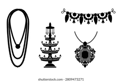 Collection of black silhouettes featuring a tiered oil lamp stand pearl necklaces and festive hanging floral garlands for traditional cultural events.