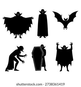 Collection of black silhouettes featuring vampires, a bat, and a coffin against a white background, showcasing various poses and characters.