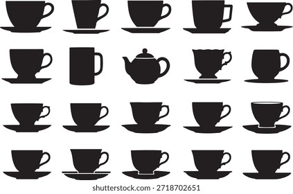 Una colección de siluetas negras con varias tazas de café, tazas de té y una tetera en platillos, dispuestos en un patrón de cuadrícula
