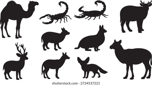 Una colección de siluetas negras con varios animales del desierto y la montaña sobre un fondo blanco.