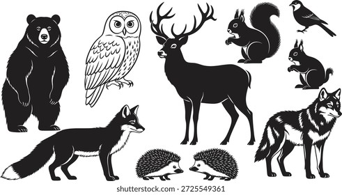 Una colección de siluetas negras con varios animales del bosque sobre un fondo blanco