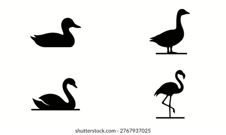 Collection of black silhouettes featuring various waterbird species, including ducks and a flamingo, in different poses.