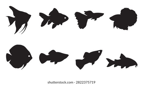 A collection of black silhouettes featuring various freshwater aquarium fish species, arranged in a grid pattern against a plain white background.