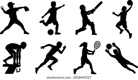 A collection of black silhouettes featuring young athletes and children engaged in various popular sports. This vector set showcases diverse athletic actions including running, swimming start, playing tennis, soccer kicking, cricket batting, baseball throwing, basketball dunking, and soccer goalkeeping.A collection of black silhouettes featuring young athletes and children engaged in various popular sports. This vector set showcases diverse athletic actions including running, swimming start, playing tennis, soccer kicking, cricket batting, baseball throwing, basketball dunking, and soccer goalkeeping.