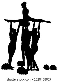 Collection of black silhouettes of girls of cheerleaders on a white background. Sport, training. performance, cheerleading, support.