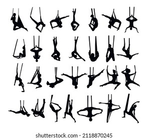 Collection of black silhouettes of girls doing aerial yoga. Character shadow illustrations.