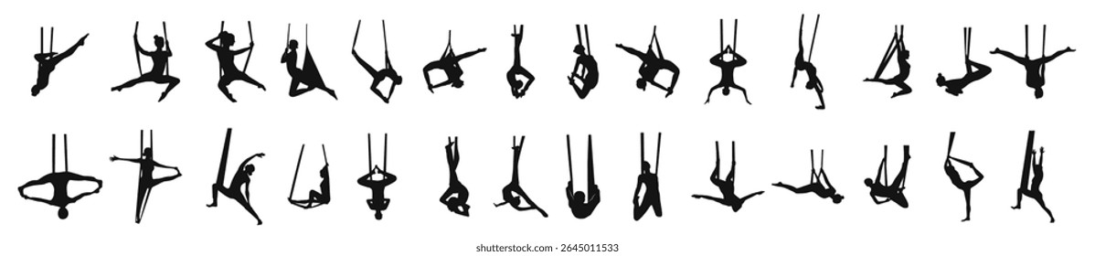 Collection of black silhouettes of girls doing aerial yoga. Character shadow illustrations.
