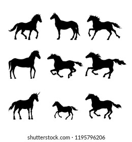 Collection of black silhouettes of horses. Isolated detailed drawing of mustang on white background. Side view. Western landscape. Vector illustration