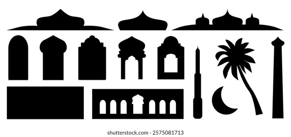 A collection of black silhouettes illustrating iconic Middle Eastern architectural features, suitable for design projects and cultural themes. Islamic architecture composition.