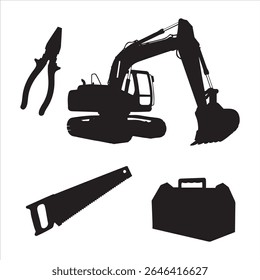 A collection of black silhouettes including an excavator, pliers, a saw, and a toolbox.