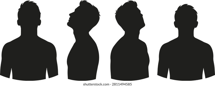 A collection of black silhouettes of a man's head and shoulders looking upwards from various perspectives isolated on a white background.