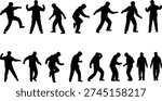 A collection of black silhouettes of men in dynamic dance poses arranged in two horizontal rows on a white background.