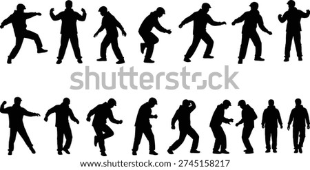 A collection of black silhouettes of men in dynamic dance poses arranged in two horizontal rows on a white background.