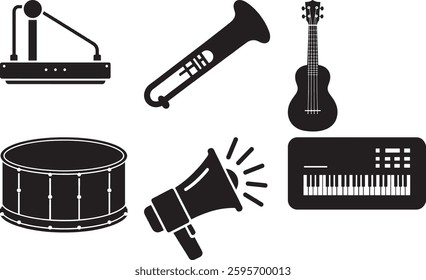 Collection of black silhouettes musical instruments and a cabinet set art band drums conga icons