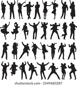 A collection of black silhouettes of people dancing energetically