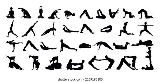 Collection of black silhouettes of people doing yoga. Character shadow illustrations.