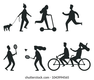 Collection of black silhouettes of people having fun. Isolated vector illustration of males and females spending time in park with their loved ones